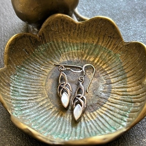 Sterling Silver and Mother of Pearl Fairycore Drop Earrings, Celtic Knot Pattern - Picture 1 of 6